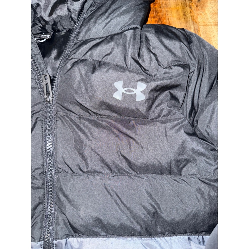 Under Armour Kids Black Gray Colorblock Puffer Jacket Hooded Full Zip YLG Large - Picture 2 of 8